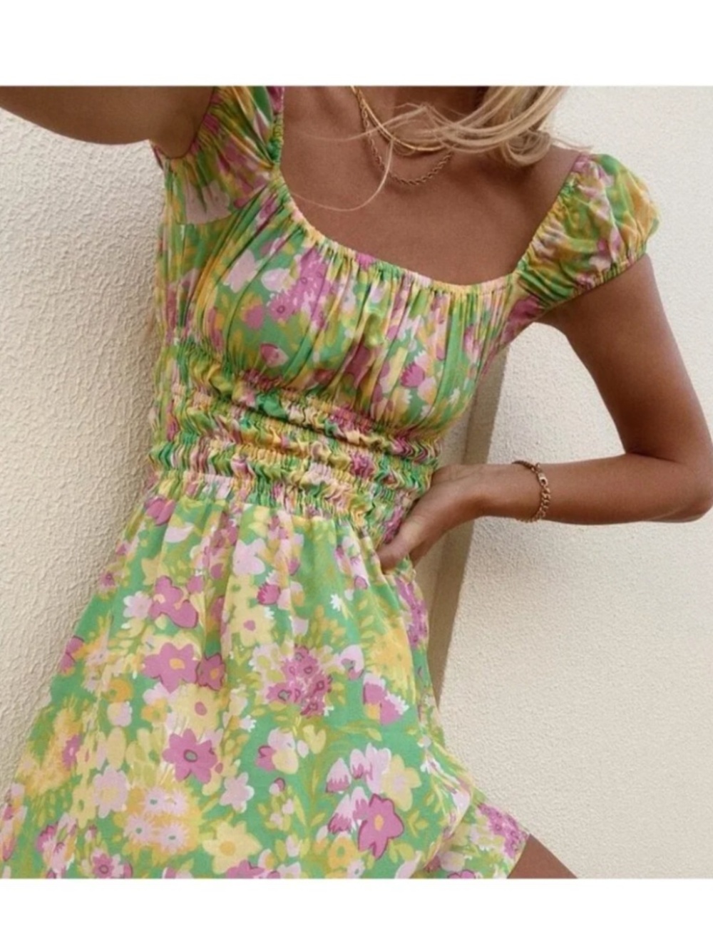 With Jean Marseille Green Floral Mini Dress Cap Sleeve Smocked Women’s Medium